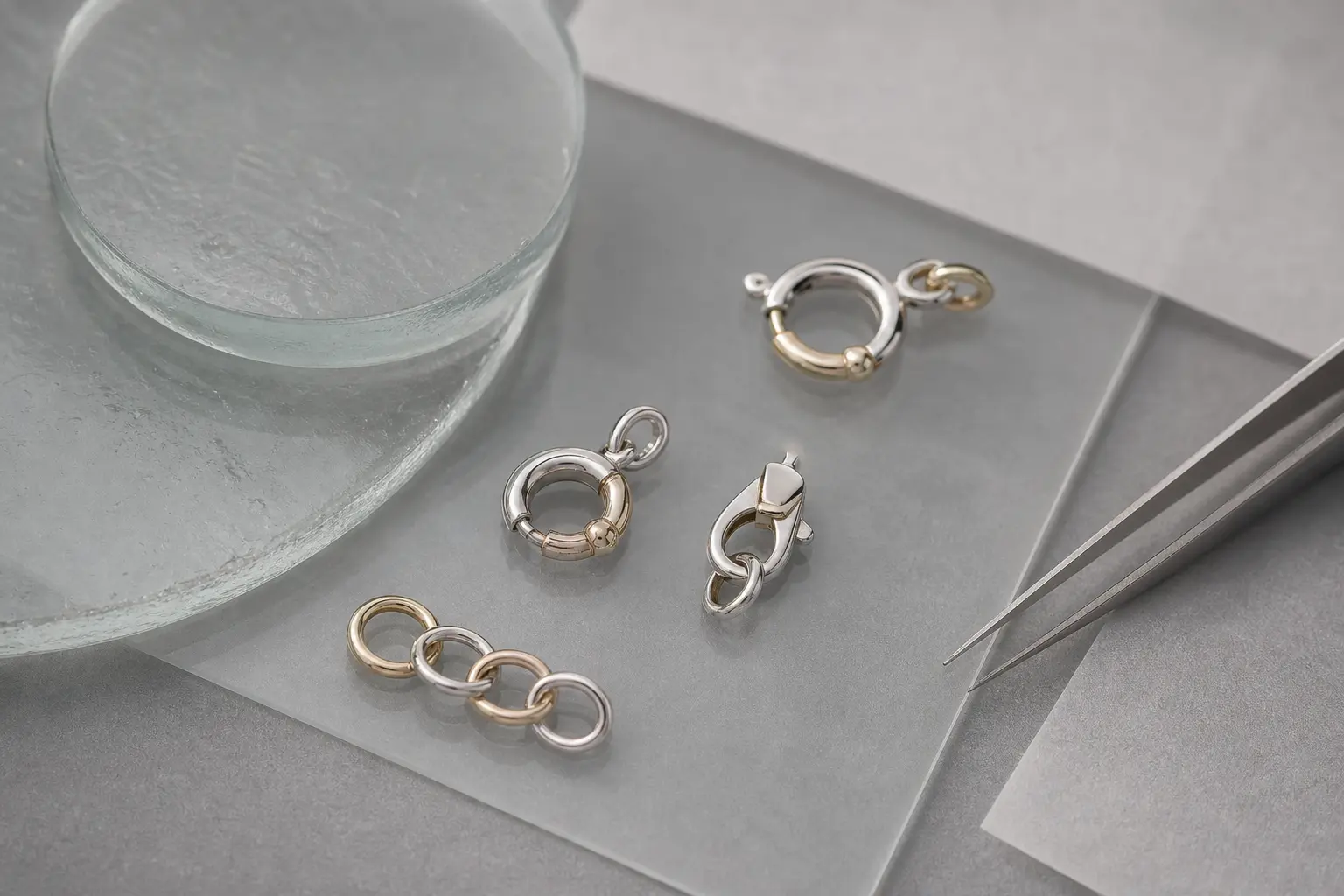 Two-tone silver and champagne brass clasp samples beside tweezers