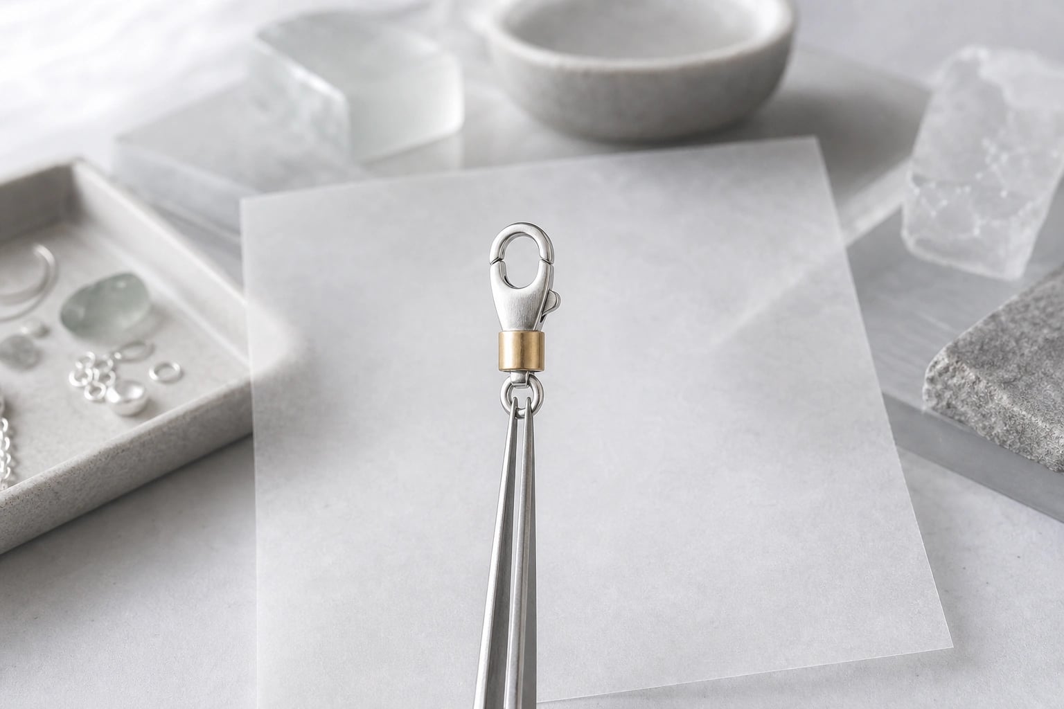 Tweezers holding a two-tone clasp sample above translucent vellum