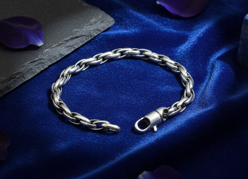 Silver bracelet on blue satin